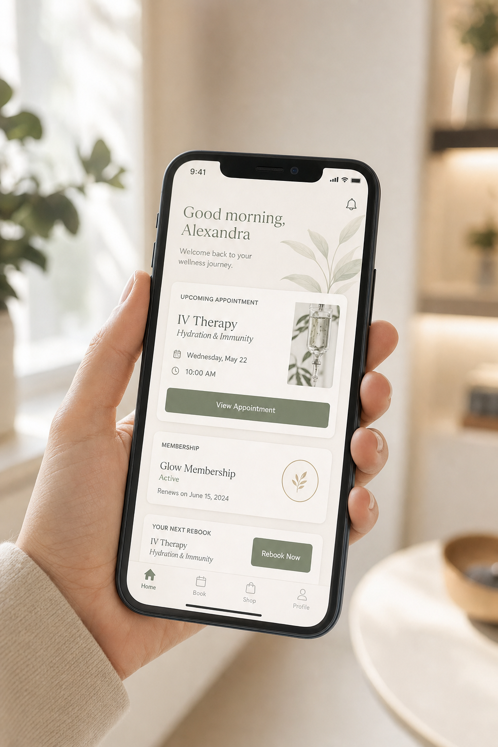 A branded med spa mobile app on a smartphone showing an upcoming IV Therapy appointment, active membership status, and a one-tap Rebook button.