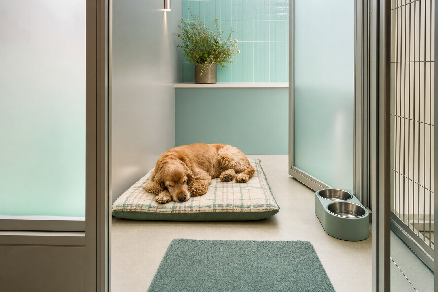 Pet in a clean modern boarding suite with vaccination records on file