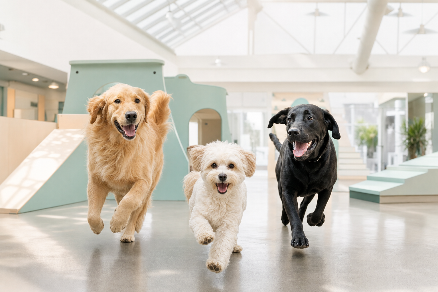 Dogs running in a bright modern pet daycare facility
