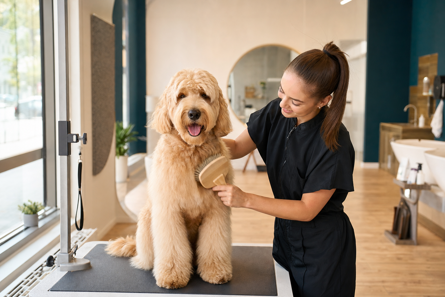 Professional pet groomer brushing a Goldendoodle in a modern grooming salon — illustrating how MyTime helps multi-location pet care brands deliver consistent grooming experiences.