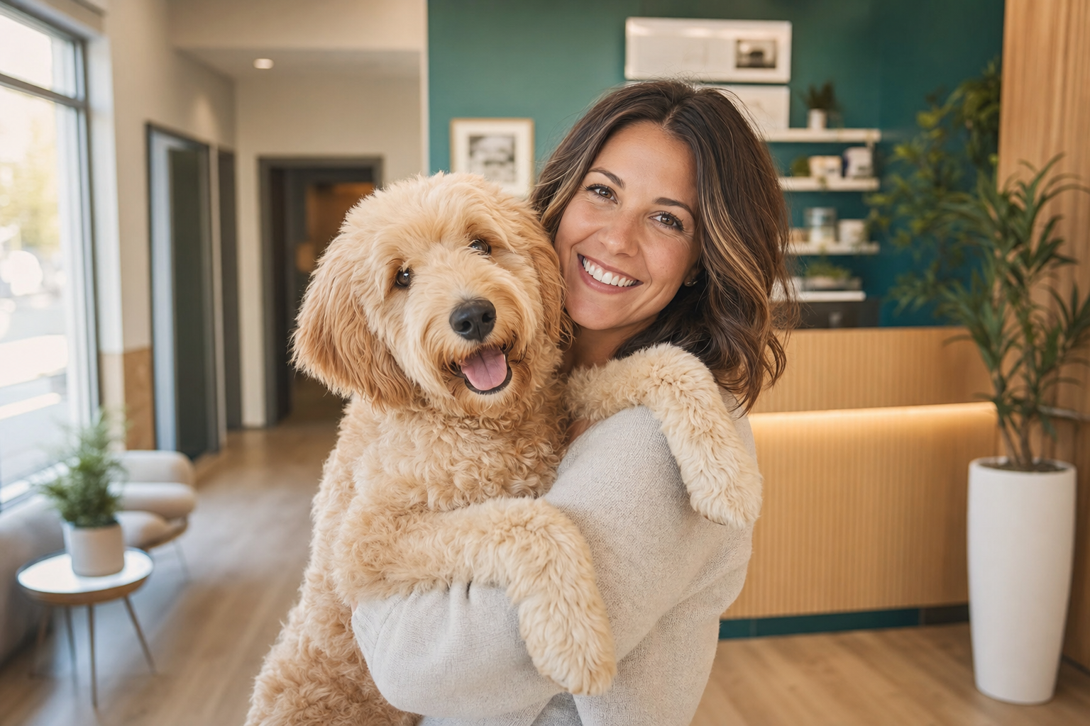 Pet parent and dog at a modern pet care location